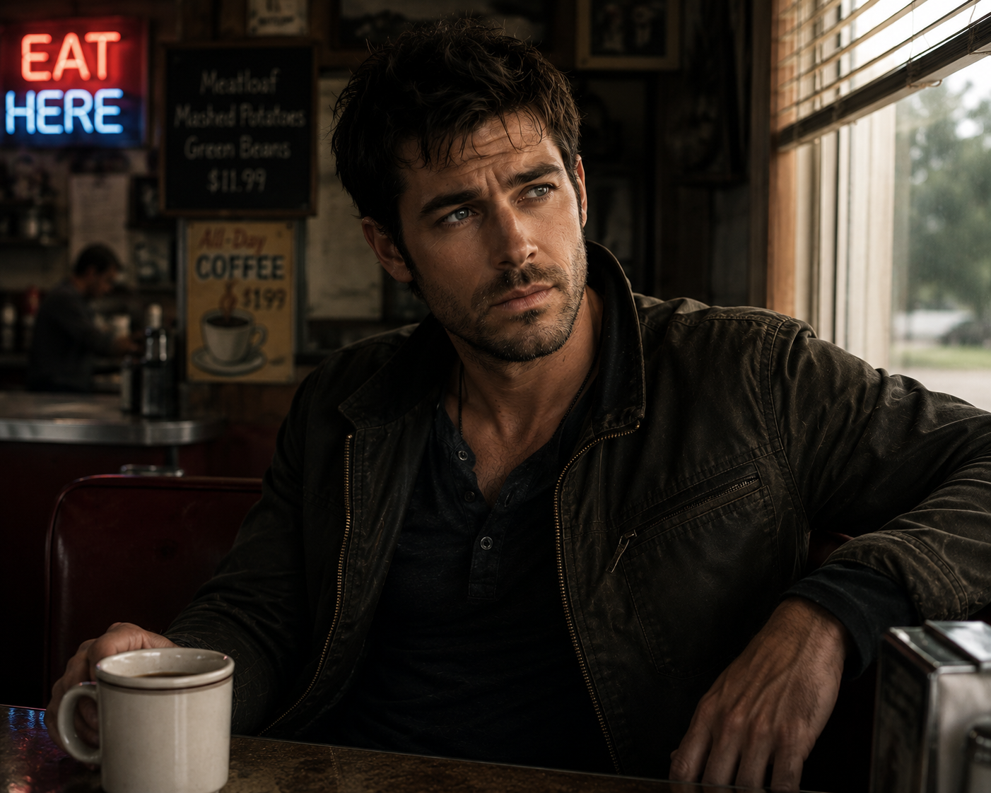 John Moone sitting in a diner, carrying the weight of what followed him home