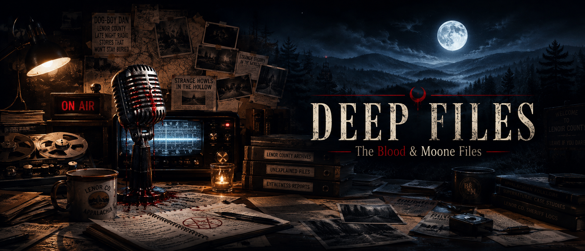 Deep Files title art with radio, notebooks, and moonlit Lenor County atmosphere