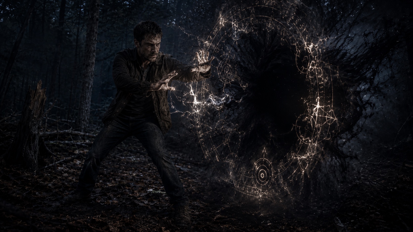 John Moone casting magic in the Lenor County woods during Episode 3