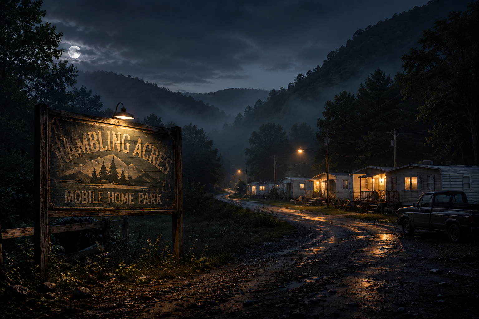 Rambling Acres Mobile Home Park at dusk in Episode 2
