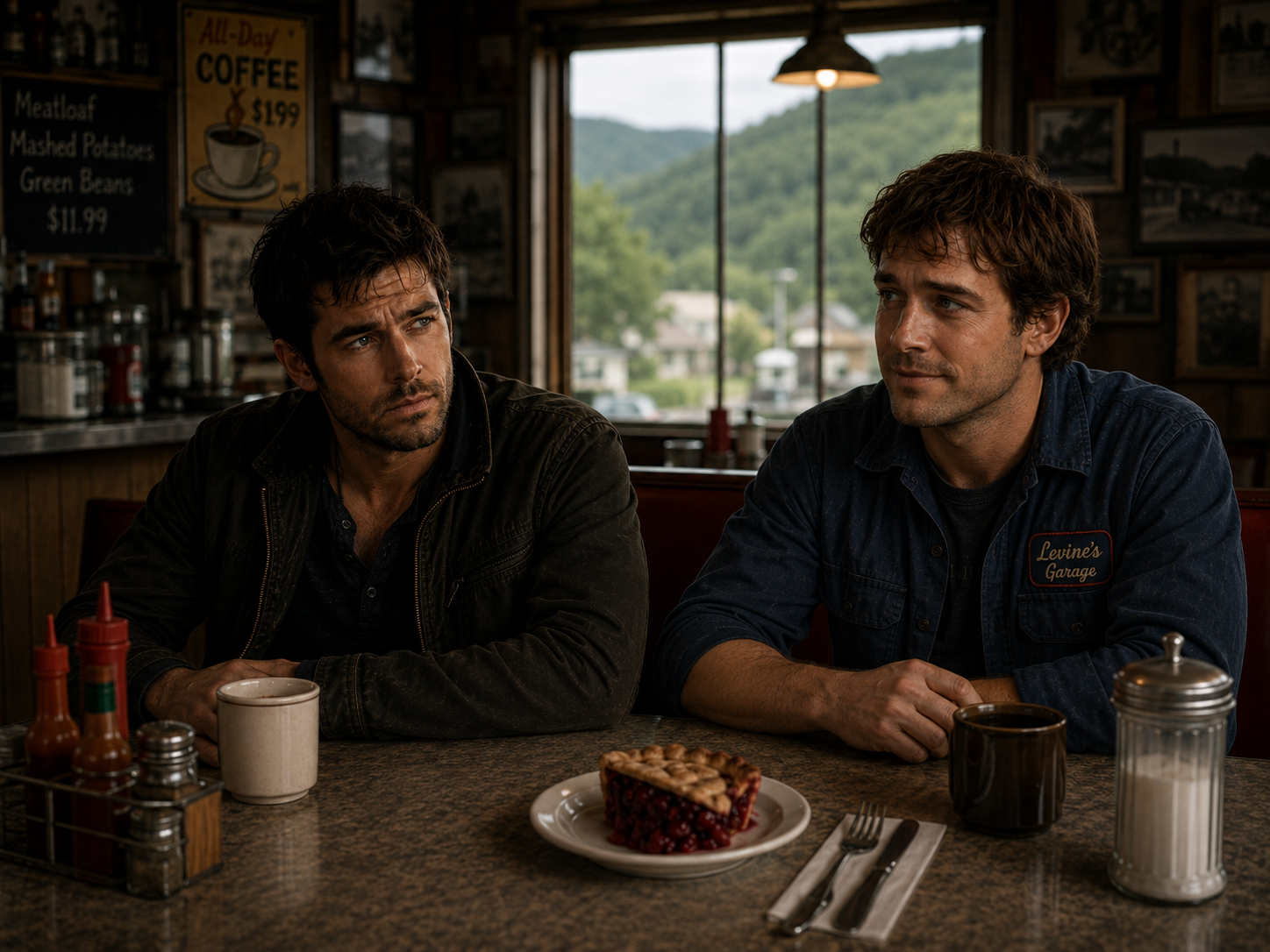 Chandler Blood and John Moone together in a diner booth in Lenor County